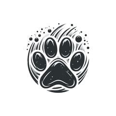 Artistic black paw print with swirling elements and dots, symbolizing animal love and nature