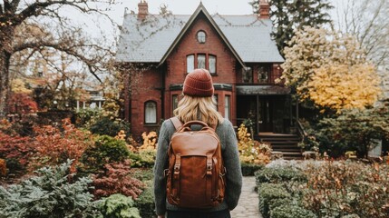 Backpacker heading to a brick house on a fall day. Beautiful landscape with colorful flowers and trees lining the path.