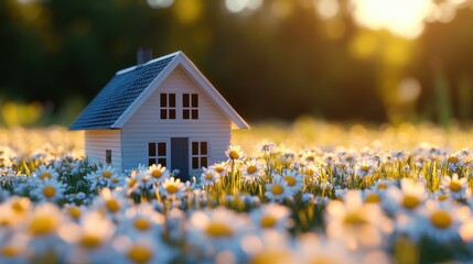 A charming small house nestled in a lush field of daisies bathed in warm sunlight. Dreamlike scene with a peaceful, idyllic feel.