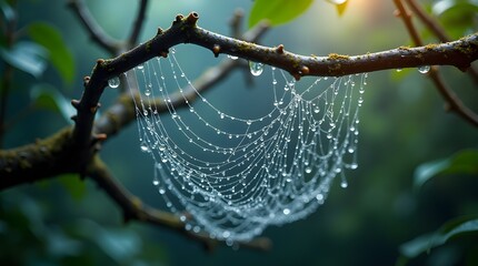  A close-up image of raindrops on a spider web stretched between two branches, each droplet sparkling with natural light and reflections of the forest -