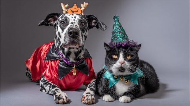 Halloween costume fun: dalmatian and tuxedo cat in festive attire with hats