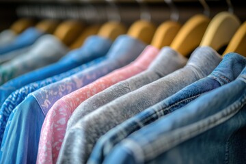 A close-up view of shirts with varying patterns and colors hung on wooden hangers, focusing on style and textiles.