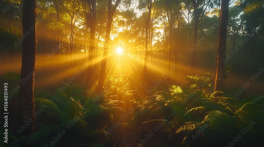 Poster sun rays shining through trees creating beautiful forest landscape with vibrant ferns on the forest 