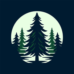 Silhouetted evergreen trees against a full moon backdrop, creating a serene night landscape