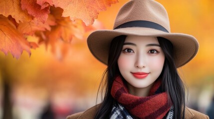 Autumnal Elegance: Woman in hat and scarf against a colorful fall foliage backdrop, radiating warmth and style. Beautiful fall scenery.