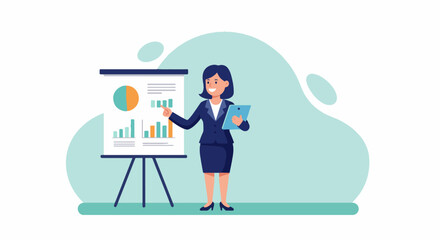 Business Presentation: Woman Explaining Data Charts. Businesswoman giving a presentation, pointing at data charts on a whiteboard, symbolizing business analysis and effective communication.