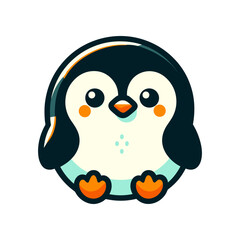 Cute cartoon penguin character sitting with a joyful expression against a plain background
