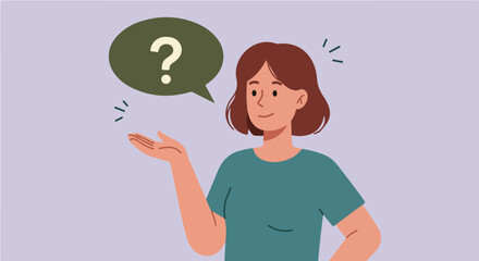 Woman Asking a Question or Presenting an Idea.  Friendly woman with open hand and question mark speech bubble, symbolizing asking, inquiry, or presenting an idea.