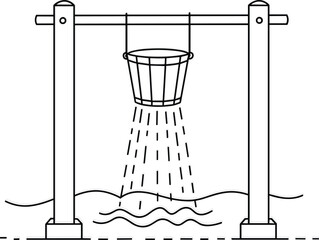 Bucket Shower with Water Flowing onto Waves, Representing Outdoor Bathing, Simple Hygiene, Camping Facilities, Water Conservation, or Traditional Washing Methods in Line Art