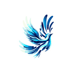 Abstract blue bird illustration soaring with vibrant feather patterns against a white background