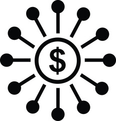Central Dollar Sign Icon with Radiating Nodes, Symbolizing Financial Distribution, Investment Network, Money Flow, Diverse Income Streams, or Centralized Economic Power and Wealth