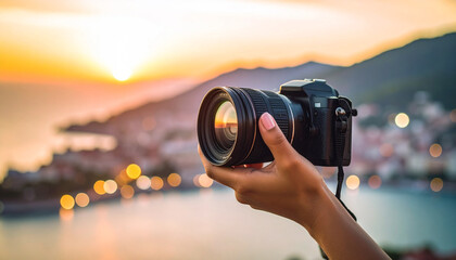 Capturing the Moment: A photographer holds a camera, the lens reflecting a picturesque sunset over a serene coastal landscape, symbolizing the art of photography and capturing memories.