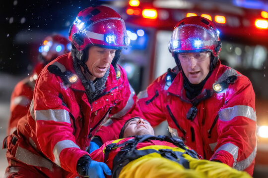 Emergency responders carry injured person during nighttime snowstorm rescue operation