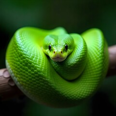 Obraz premium Green snake coiled on a branch , scales detailed, eyes focused, smooth skin, natural lighting, blurred background , wildlife, nature, vibrant colors, close-up shot , animal portrait