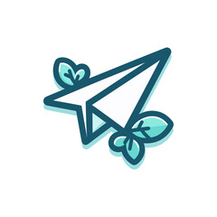A stylized paper airplane surrounded by green leaves, symbolizing freedom and creativity