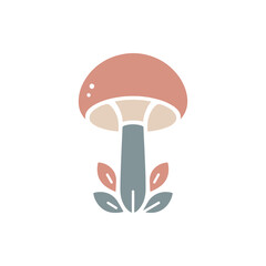Stylized mushroom illustration with pastel colors and decorative leaves, ideal for nature-themed designs