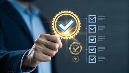 Photo of a mans hand confidently presents a glowing gold check mark, symbolizing accomplishment and success, with a checklist highlighting completed tasks