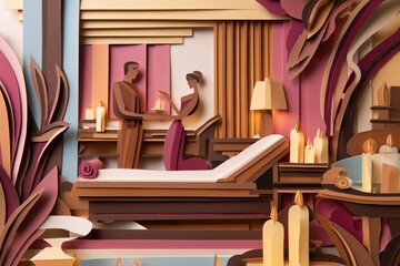invitation marketing template of exclusive spa massage relax service with a happy young couple, the vibe is elegnant and luxury, minimalistic cut out paper style