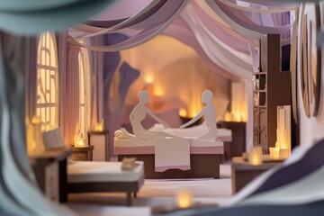 invitation marketing template of exclusive spa massage relax service with a happy young couple, the vibe is elegnant and luxury, minimalistic cut out paper style