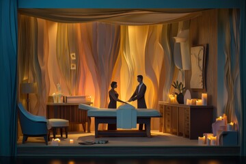 invitation marketing template of exclusive spa massage relax service with a happy young couple, the vibe is elegnant and luxury, minimalistic cut out paper style