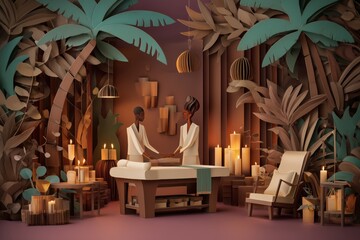 invitation marketing template of exclusive spa massage relax service with a happy young couple, the vibe is elegnant and luxury, minimalistic cut out paper style