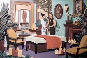 invitation marketing template of exclusive spa massage relax service with a happy young couple, the vibe is elegnant and luxury, minimalistic cut out paper style