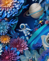 birthday party invitation with a happy astronaut in space, planets and space surroundings, the vibe is playful and energetic, minimalistic cut out paper style