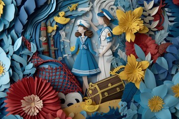 birthday party invitation with a happy boy sailor in blue sailor clothes, a treasure chest, a shipwreck, sand and a beach, the vibe is playful and energetic, minimalistic cut out paper style