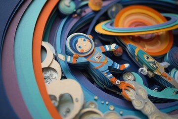 birthday party invitation with a happy astronaut in space, planets and space surroundings, the vibe is playful and energetic, minimalistic cut out paper style