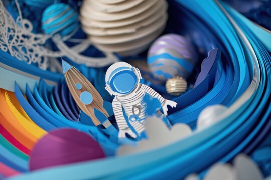 birthday party invitation with a happy astronaut in space, planets and space surroundings, the vibe is playful and energetic, minimalistic cut out paper style