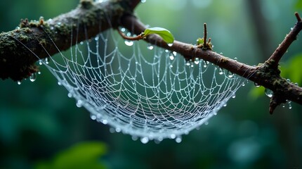  A close-up image of raindrops on a spider web stretched between two branches, each droplet sparkling with natural light and reflections of the forest -