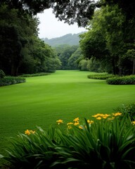 Perennial summer garden with big area of beautiful green and carefully trimmed lawn and big trees in the back