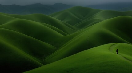 aerial view of green hills and valley with lonely person walking on a path throught the middle of the mountain ridge, very minimalistic and aesthetics summer vibe