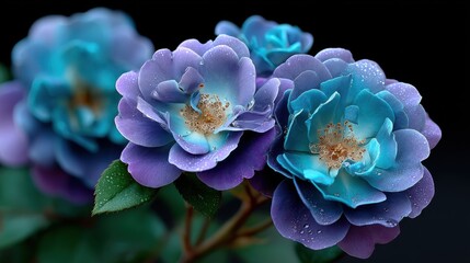 Purple and blue roses with dewdrops on petals, close-up floral arrangement