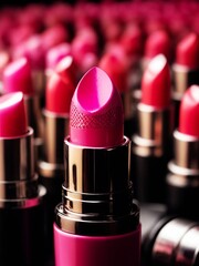 Close-up lipstick model of pink lipstick standing out against a group of the same product. AI generated image.
