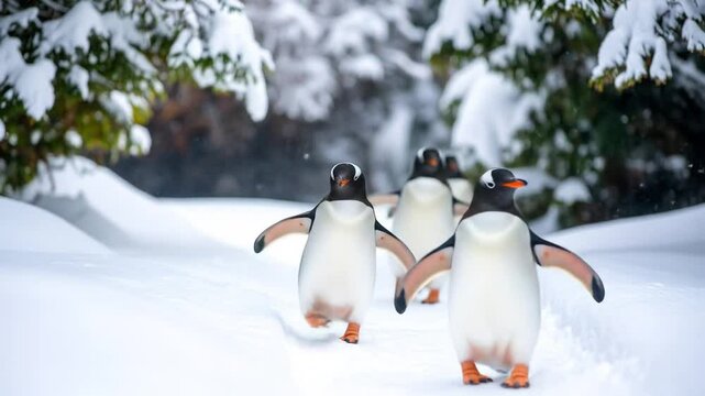 Delightful group of penguins prancing through snowy wilderness towards camera