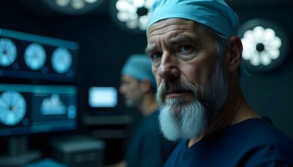 A 55 year old white man with a beard , and a white surgical cap, a man in the background, in a surgery room