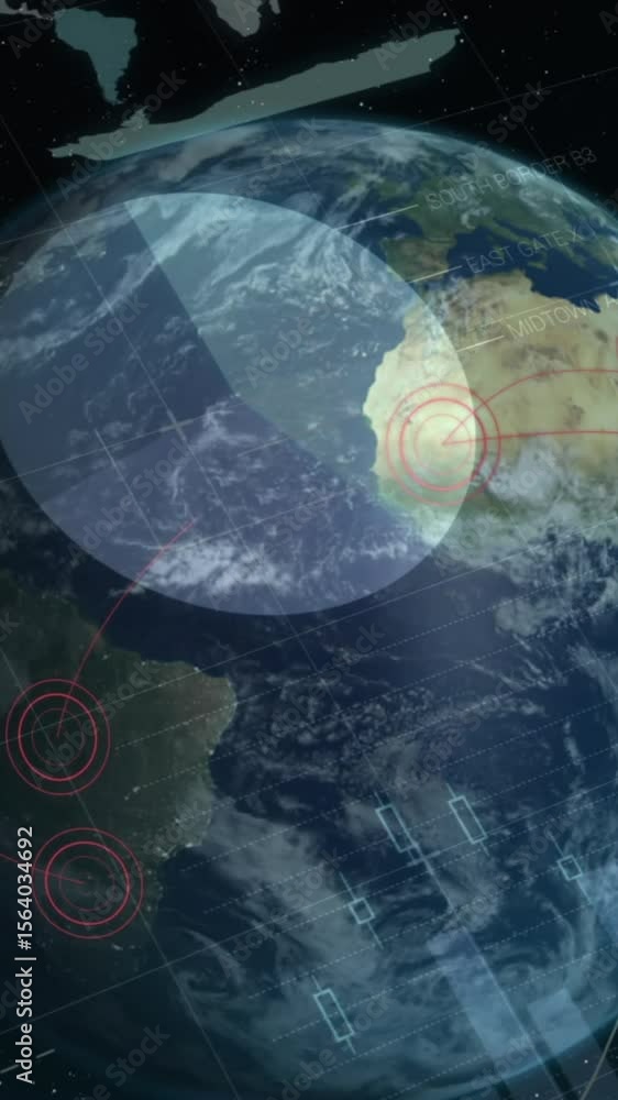 Poster animation of data processing and globe on black background