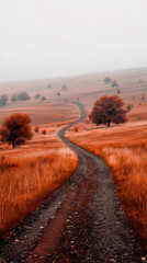 nature landscape with road serpentine through empty fields; red, sunburned meadows; autumn / fall vibe