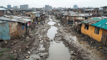 Slum upgrading efforts visual featuring housing development, sanitation improvement, access to clean water, electricity infrastructure, community services, urban planning initiatives