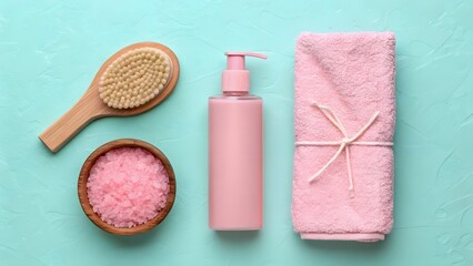 Naklejka premium Pastel Spa Flat Lay with Pink Skincare Products and Accessories