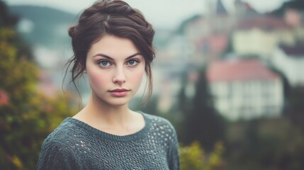 Portrait of a young woman with braided hair in a sweater in front of a blurred town in the background on an overcast day. A beautiful look.