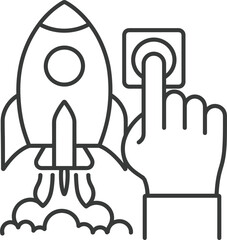  Hand Pressing Launch Button Beside Blasting Rocket, Symbolizing Startup Business Initiation, Project Launch, Innovation, New Idea Development, and Space Exploration Ventures in Line Art