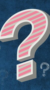 Pink striped question mark symbol against multiple question mark icons on blue background