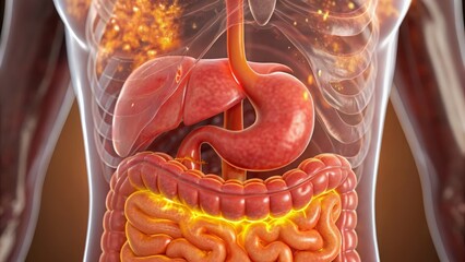 Acid reflux can affect daily life. Detailed illustration of human digestive system highlighting organs and processes.