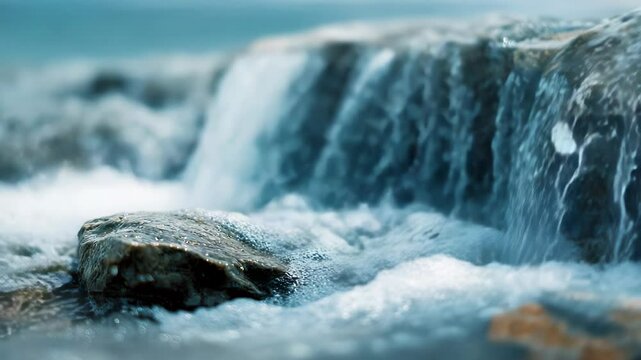 Water rushes over stones, creating a mini waterfall. Soft focus, cool blues