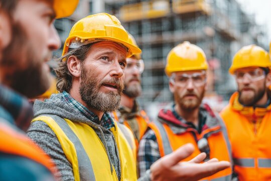 Construction foreman in yellow vest giving instructions to workers on a busy site. Represents teamwork, safety, communication, and leadership in construction.