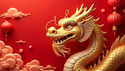 Fototapeta premium Golden dragon head with red chinese lanterns and clouds on a red background, chinese new year, festive, intricate details, high resolution