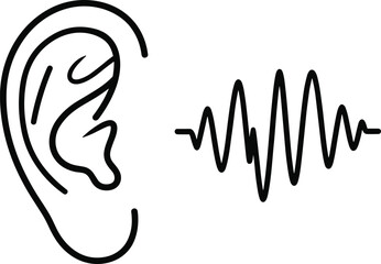 Human Ear Outline and Sound Waves Icon Hearing, Audio, Listening, Acoustics, Sound Production, Communication, Perception, and Auditory Health Symbo