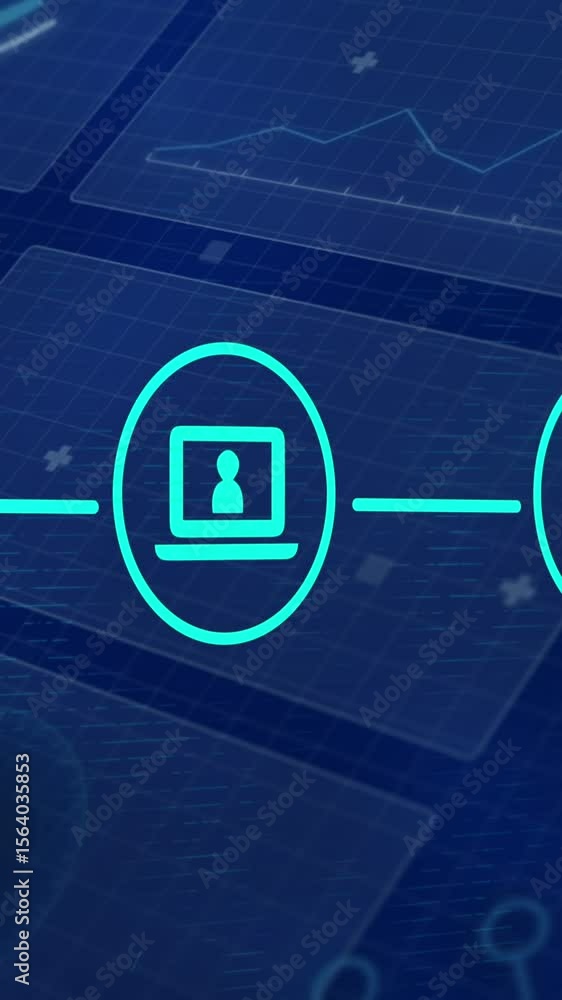 Aufkleber animation of media icons over data processing on blue background